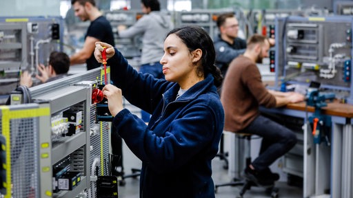 Auszubildende Frau in Elektroberufen, eine Industrieelektrikerin montiert einen Schaltkreis,