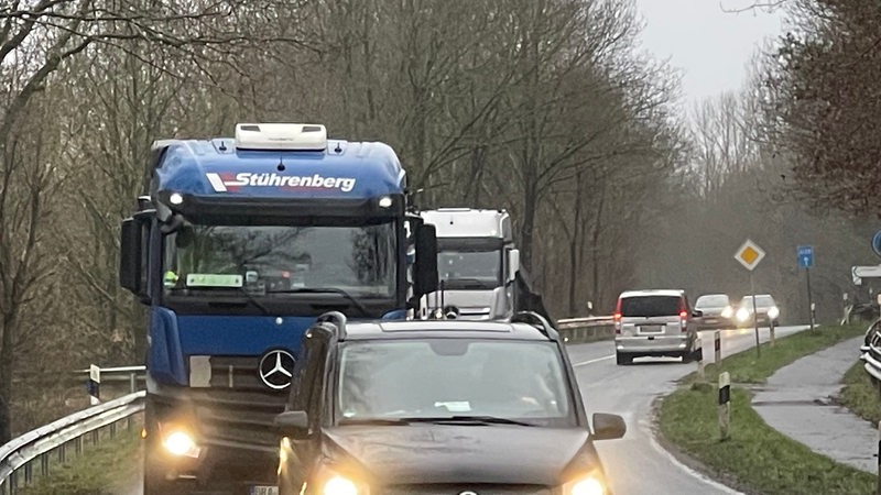 Mehrere Lkw und Pkw fahren über eine Landstraße.