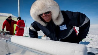 Ein Mitarbeiter des Alfred-Wegener-Instituts blickt auf einen Eiskern