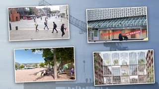 Collage zeigt 4 Orte der Bremer Innenstadt, die umgestaltet werden sollen: Domsheide/Karstadtgebäude/Domshof und das Parkhaus Mitte.