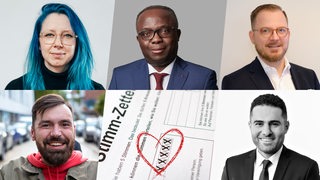 Collage zeigt 5 Bremer Politiker*innen: Kai Wargall, Elombo Bolayela, Tobias Huch, Tim Sültenfuß und Oguzhan Yazici. In der Mitte ein Stimmzellte mit Kreuzen und einem Herz