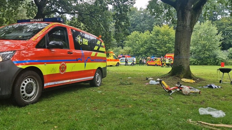 Einsatzfahrzeuge stehen nach einem Blitzeinschlag in einem Park in Delmenhorst.