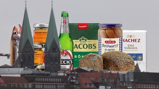 Bildbearbeitung der Bremer Skyline mit berühmten Lebensmittelprodukten aus dem Stadtstaat