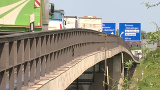 Auf der Autobahnbrücke fahren mehrere LKW`s entlang.