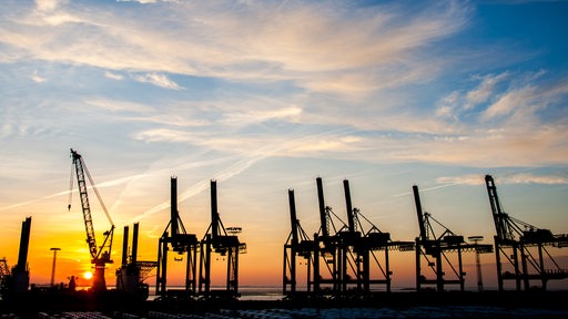 Die Sonne geht hinter Ladebrücken am Containerterminal in Bremerhaven unter.