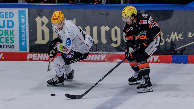 Penny DEL: Spieler der Löwen Frankfurt und der Fishtown Pinguins Bremerhaven im Zweikampf.