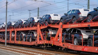 Güterzug ist mit Neuwagen beladen