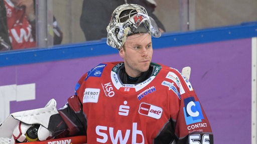 Maximilian Franzreb, Torwart der Fischtown Pinguins, steht auf dem Eis, hat sein Visier hochgeklappt und guckt angespannt.