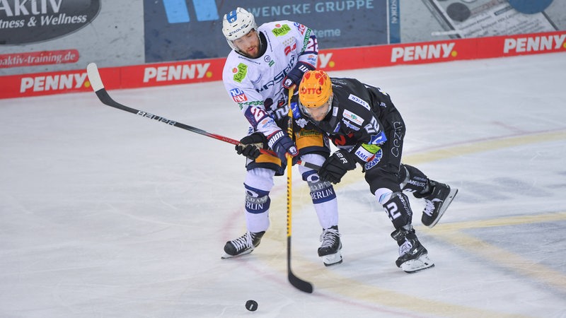 Ein Spieler der Fischtown Pinguins und Eisbären Berlin kämpfen um den Puck.