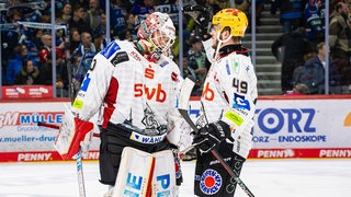 Ein Torhüter und ein Feldspieler der Fischtown Pinguins klatschen sich auf dem Eis ab.