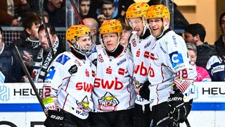 Spieler der Fischtown Pinguins bejubeln ein Tor.