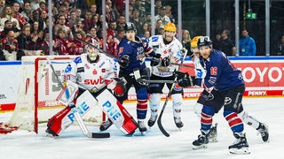 Zu sehen sind Spieler der Fischtown Pinguins im Duell mit Spielern der Kölner Haie.