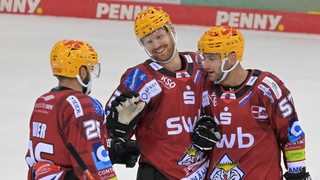 Spieler der Fischtown Pinguins bejubeln ein tor.