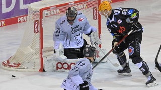 Eishockey-Spieler Christian Wejse von den Fischtown Pinguins versucht den Puck ins Tor der Kölner Haie zu bugsieren.