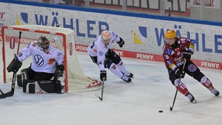 Pinguins-Stürmer Ziga Jeglic kurvt mit dem Puck am Schläger auf das Wolfsburger Tor zu.