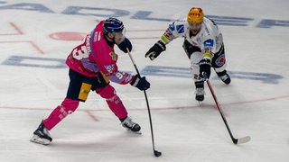 Ein Spieler der Fischtown Pinguins tritt gegen einen Spieler der Eisbären Berlin an