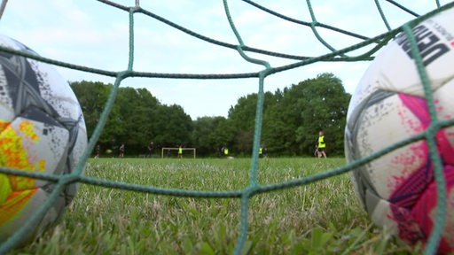 Zwei Fußbälle liegen in einem Tor auf einem Spielfeld.