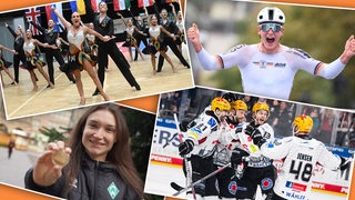 Collage zeigt 4 sportliche Highlights im Jahr 2024: Tanzen, Radsport, Eishockey, Frauenfußball.