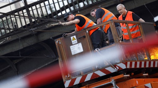 Männer reparieren die Oberleitung eines Zuges