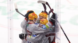 Die Spieler der Fischtown Pinguins bejubeln einen Treffer.