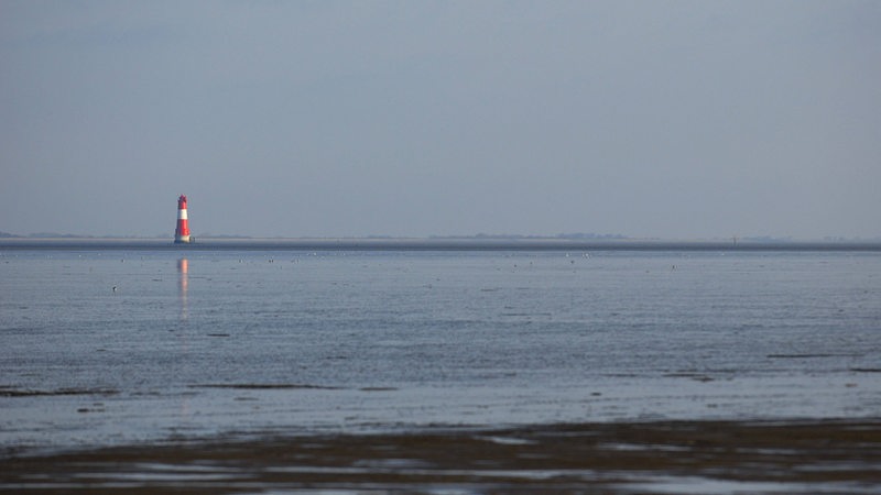 Ein Leuchtturm im Wattenmeer.