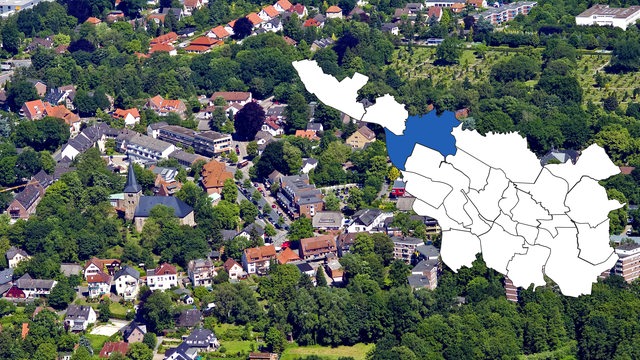 Der Ortsteil Lesum aus der Luft mit Stadtteilgrafik, in der Burglesum hervorgehoben ist