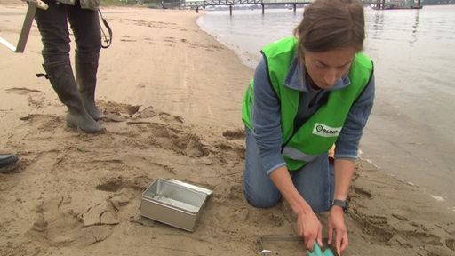 Eine freiwillige Helferin sammelt Müll am Strand