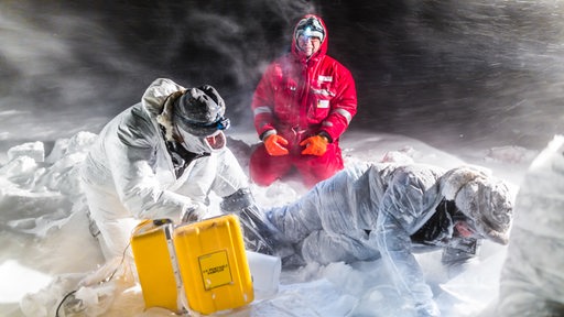 Forscher stemmen sich im Schneegestöber gegen den Wind.