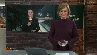 Moderatorin Kirsten Rademacher im Studio von buten un binnen. Zugeschaltet buten un binnen Reporter Felix Ilemann.