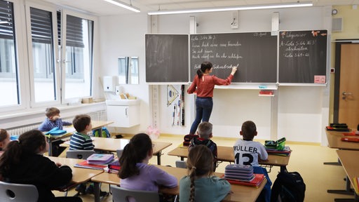 Eine Frau steht neben einer Tafel und unterrichtet Kinder.