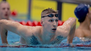 Der deutsche Schwimmer Florian Wellbrock befindet sich im Wasser. Seine Taucherbrille sitzt auf der Stirn.