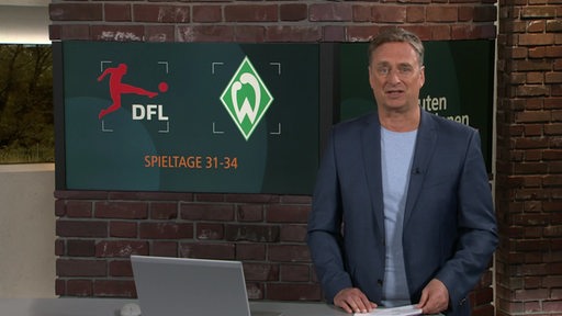 Sportblitz-Moderator Stephan Schiffner steht im Sportblitz-Studio am Pult.