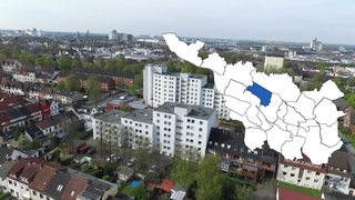 Gröpelingen aus der Luft mit Stadtteilgrafik, in der Gröpelingen hervorgehoben ist