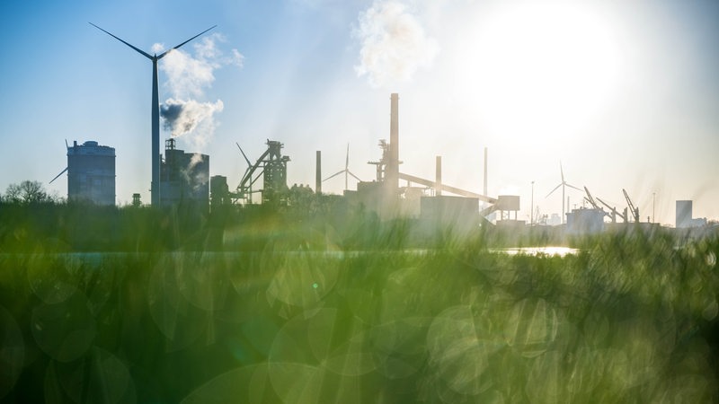 Im Vordergrund grünes Gras. Im Hintergrund Industrieschornsteine und Gebäude, aufgehende Sonne.