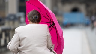 Eine Frau mit pinkem Regenschirm ist von hinten zu sehen. Es scheint windig zu sein.