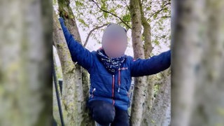 Ein kleiner Junge in Winterkleidung sitzt in einem Baum