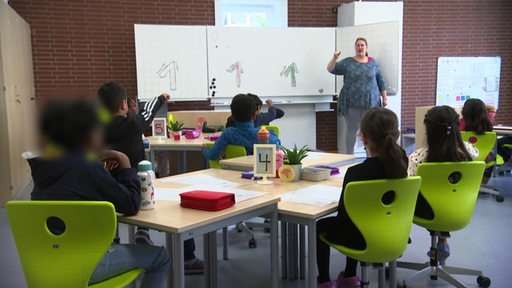 Zu sehen ist eine Lehrerin und ihre Schüler in einer Klasse der Tami Oelfken Schule.