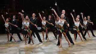 Die Lateinformation des Bremer Grün-Gold-Clubs bei einer Pose ihrer Choreografie "Freedom and Peace" bei der DM in Ludwigsburg.