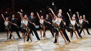 Die Lateinformation des Bremer Grün-Gold-Clubs bei einer Pose ihrer Choreografie "Freedom and Peace" bei der DM in Ludwigsburg.