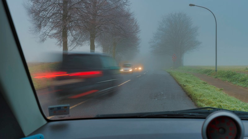 Das Foto zeigt ein riskantes Überholmanöver bei Nebel auf einer Landstrasse.