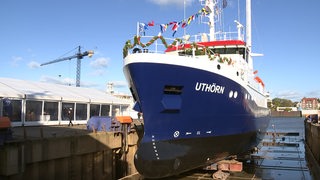 Ein Schiff, das scheinbar getauft wurde und mit Blumenkränzen geschmückt wurde, liegt am Hafen.