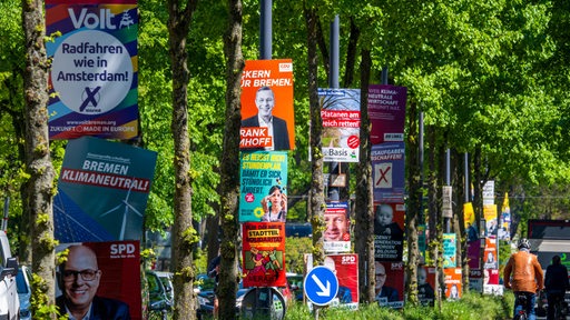 Wahlplakate verschiedener Parteien hängen in der Bremer Innenstadt.