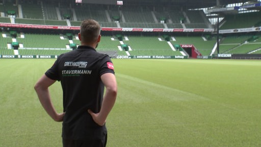 Greenkeeper Tim Engelke auf dem Rasen des bremer Weserstadions.