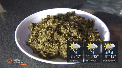 Grünkohl auf einem Teller, rechts die Wettertafeln. 