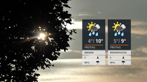 Rechts die Wettertafeln, links ein Baum, durch den die Sonne scheint. Im Hintergrund ist der fast wolkenlose Himmel zu sehen.