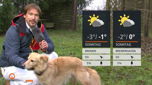 Wettermoderator Andree Pfitzner streichelt einen Hund neben den Wettertafeln