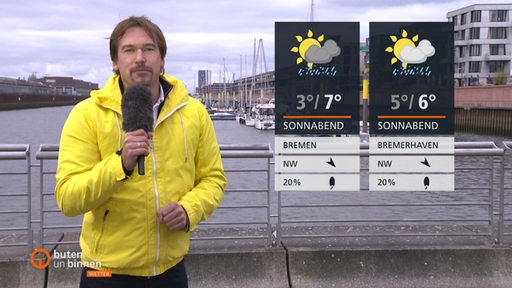 Der Moderator Andree Pfitzner neben den Wettertafeln vor dem Europahafen.