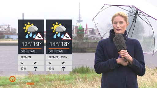 Links sind die Wetterkacheln und rechts daneben ist die Moderatorin Constance Hossfeld. Im Hintergrund ist die Weser zu sehen, sowie Gebäude und Sträucher.  