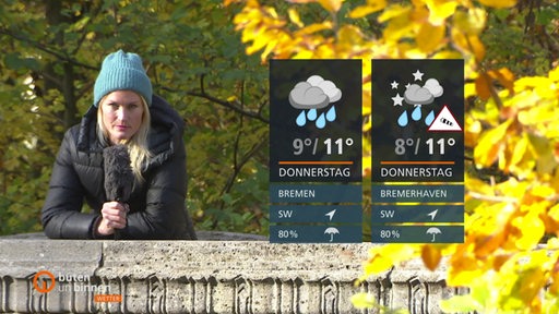 Wettermoderatorin Constance Hoßfeld-Seedorf auf der Brücke, rechts die Wettertafeln. 