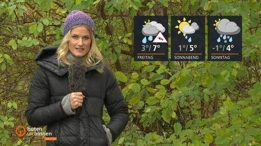 Wettermoderatorin Constance Hoßfeld Seedorf steht im Wald, rechts die Wettertafeln. 